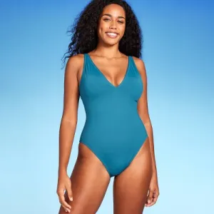 New - Women's Shaping Plunge High Leg One Piece Swimsuit - Shade & Shore Teal Blue L