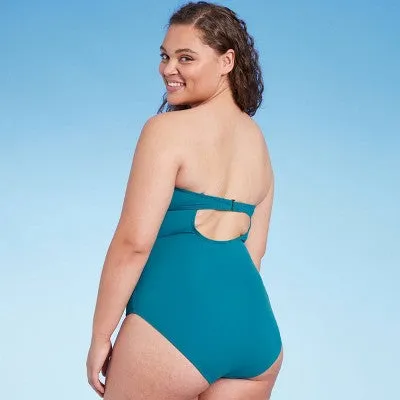 New - Women's Shirred Bandeau One Piece Swimsuit - Shade & Shore Teal Blue L