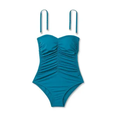 New - Women's Shirred Bandeau One Piece Swimsuit - Shade & Shore Teal Blue L