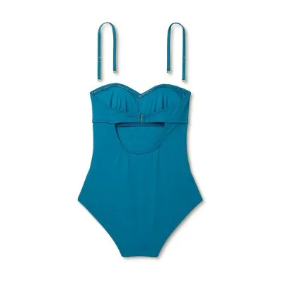 New - Women's Shirred Bandeau One Piece Swimsuit - Shade & Shore Teal Blue L