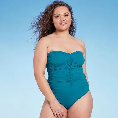 New - Women's Shirred Bandeau One Piece Swimsuit - Shade & Shore Teal Blue L