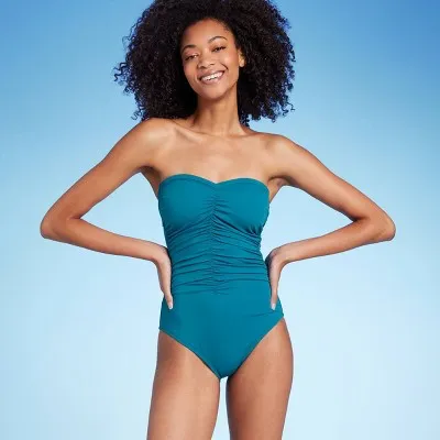 New - Women's Shirred Bandeau One Piece Swimsuit - Shade & Shore Teal Blue L