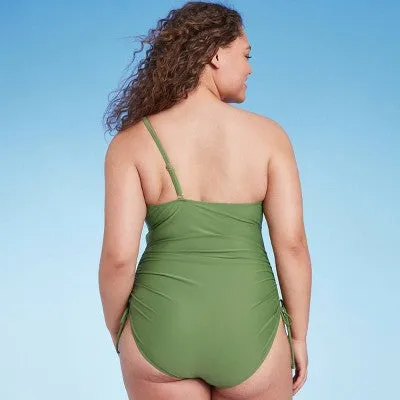 New - Women's Side-Tie One Shoulder One Piece Swimsuit - Shade & Shore Green S