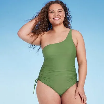 New - Women's Side-Tie One Shoulder One Piece Swimsuit - Shade & Shore Green S