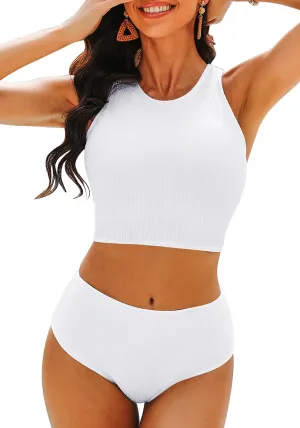 Off White Women's High Waisted Two Piece Bikini Sets Textured High Neck Racer Back Swimsuits