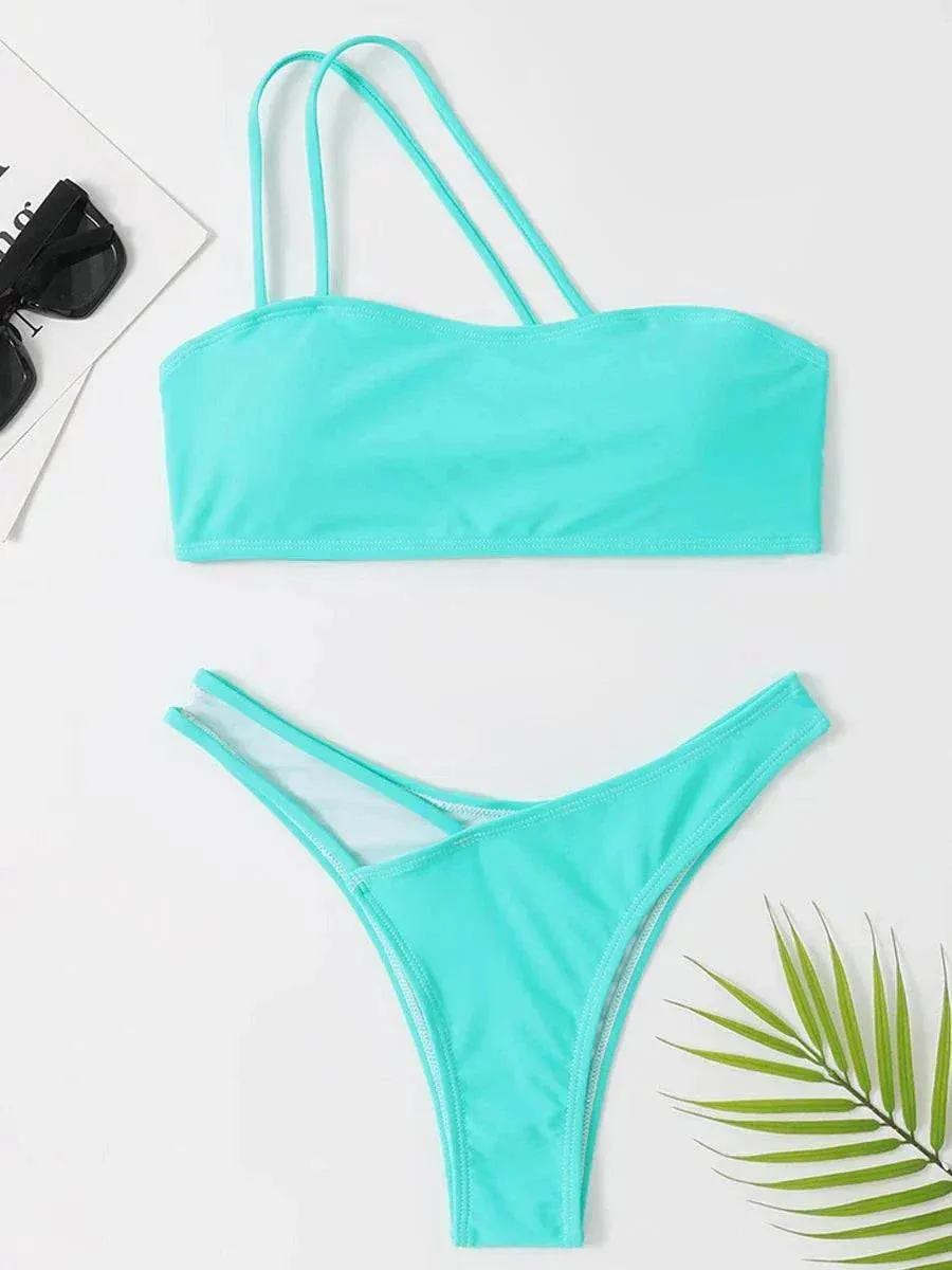 One Shoulder Bikini: Women Stylish Bandeau Swimwear Set - Lingerie set