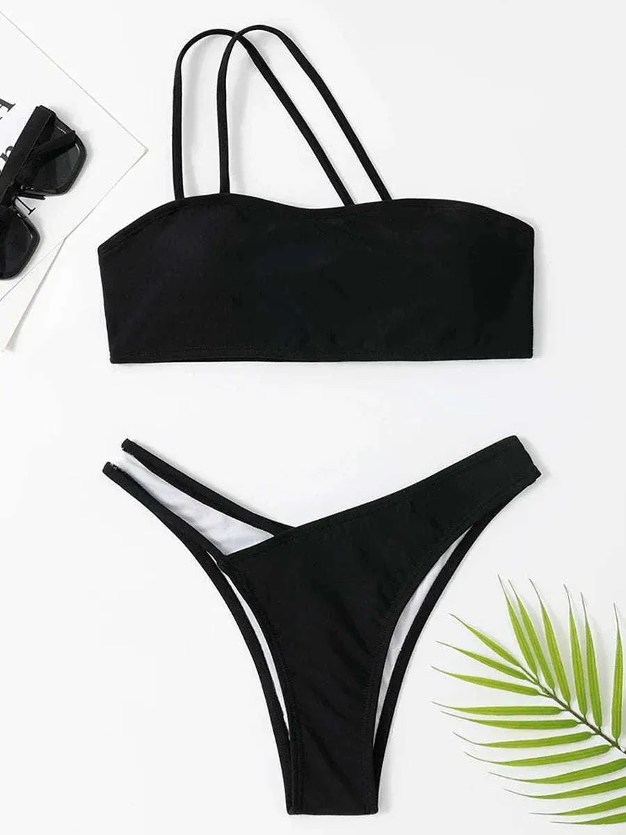 One Shoulder Bikini: Women Stylish Bandeau Swimwear Set - Lingerie set