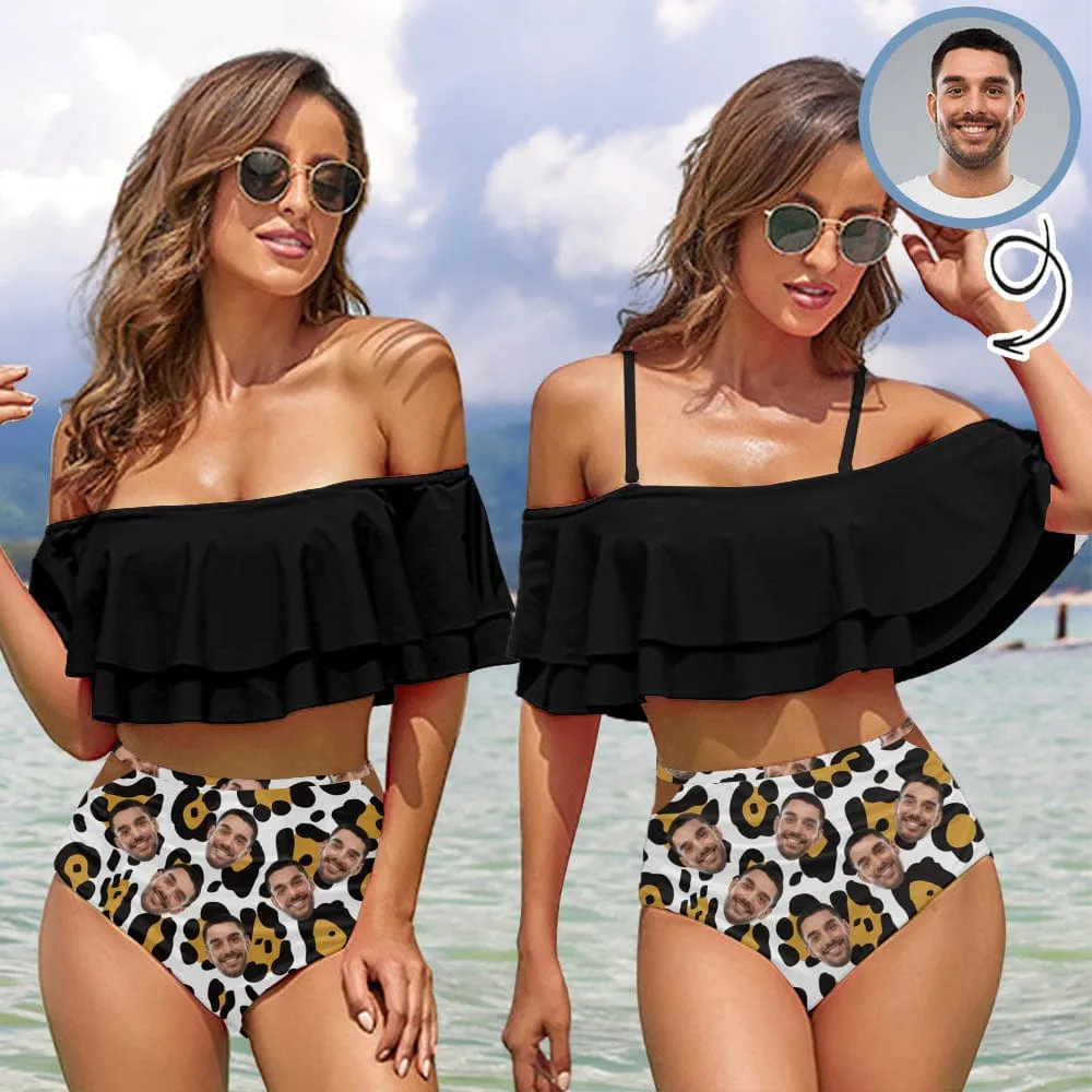 #Plus Size Off Shoulder Bikini-Custom Face Leopard Print Black 2 Ways to Wear Ruffle High Waisted Bikini Set Two Pieces Swimsuit Beachwear