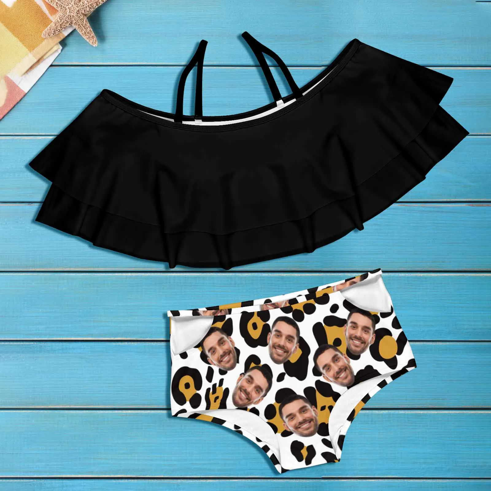 #Plus Size Off Shoulder Bikini-Custom Face Leopard Print Black 2 Ways to Wear Ruffle High Waisted Bikini Set Two Pieces Swimsuit Beachwear