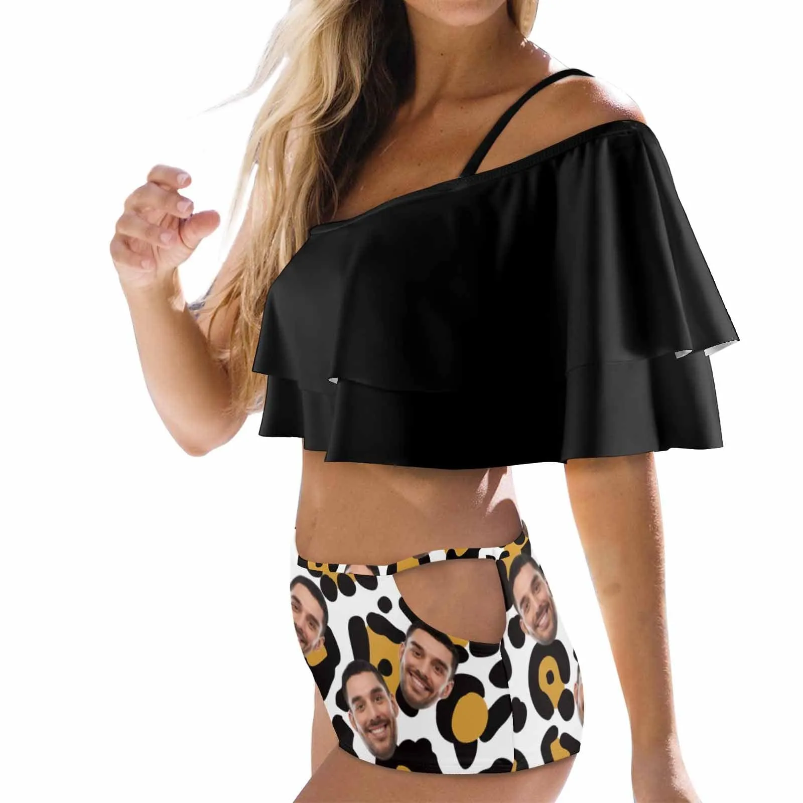 #Plus Size Off Shoulder Bikini-Custom Face Leopard Print Black 2 Ways to Wear Ruffle High Waisted Bikini Set Two Pieces Swimsuit Beachwear