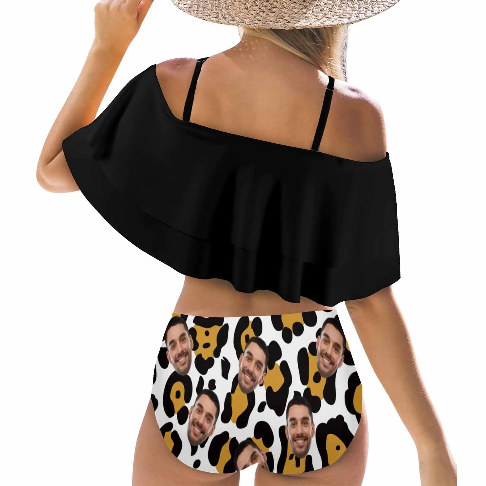 #Plus Size Off Shoulder Bikini-Custom Face Leopard Print Black 2 Ways to Wear Ruffle High Waisted Bikini Set Two Pieces Swimsuit Beachwear