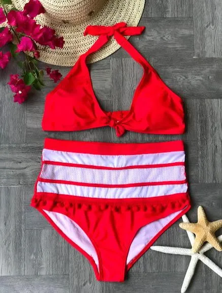 Pom Pom Tassel Mesh insert  High Waist bikini swimsuit