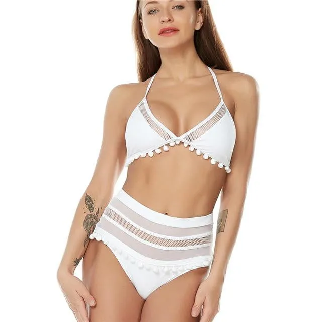 Pom Pom Tassel Mesh insert  High Waist bikini swimsuit