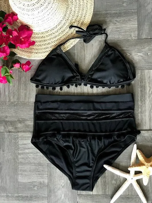 Pom Pom Tassel Mesh insert  High Waist bikini swimsuit