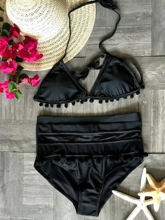 Pom Pom Tassel Mesh insert  High Waist bikini swimsuit