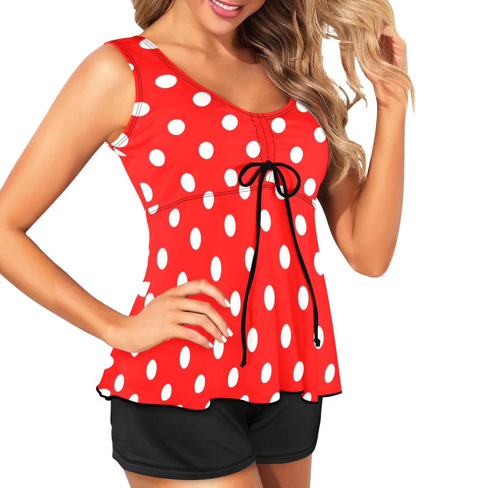 Red With White Polka Dots Two Piece Tankini Women's Swimsuit