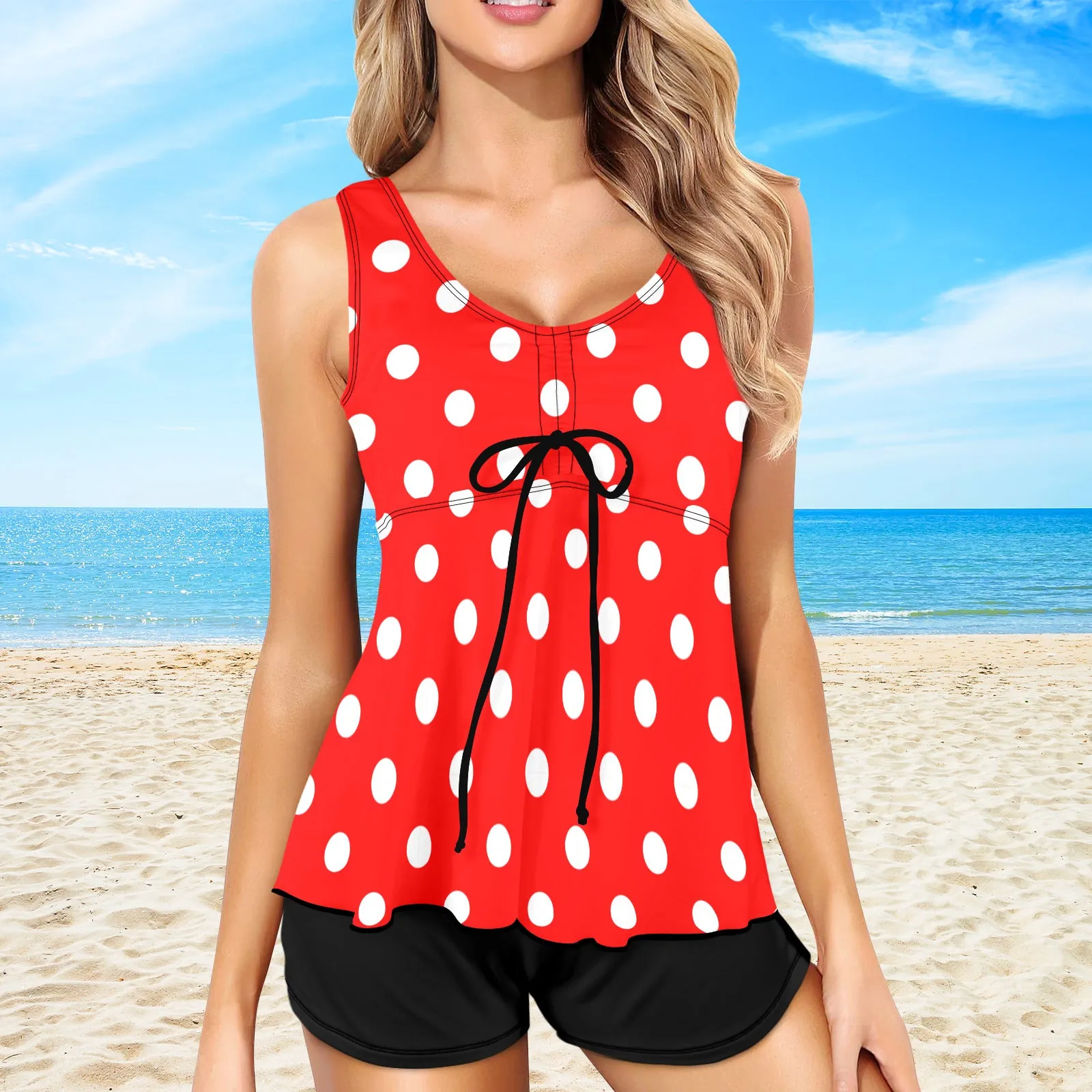 Red With White Polka Dots Two Piece Tankini Women's Swimsuit