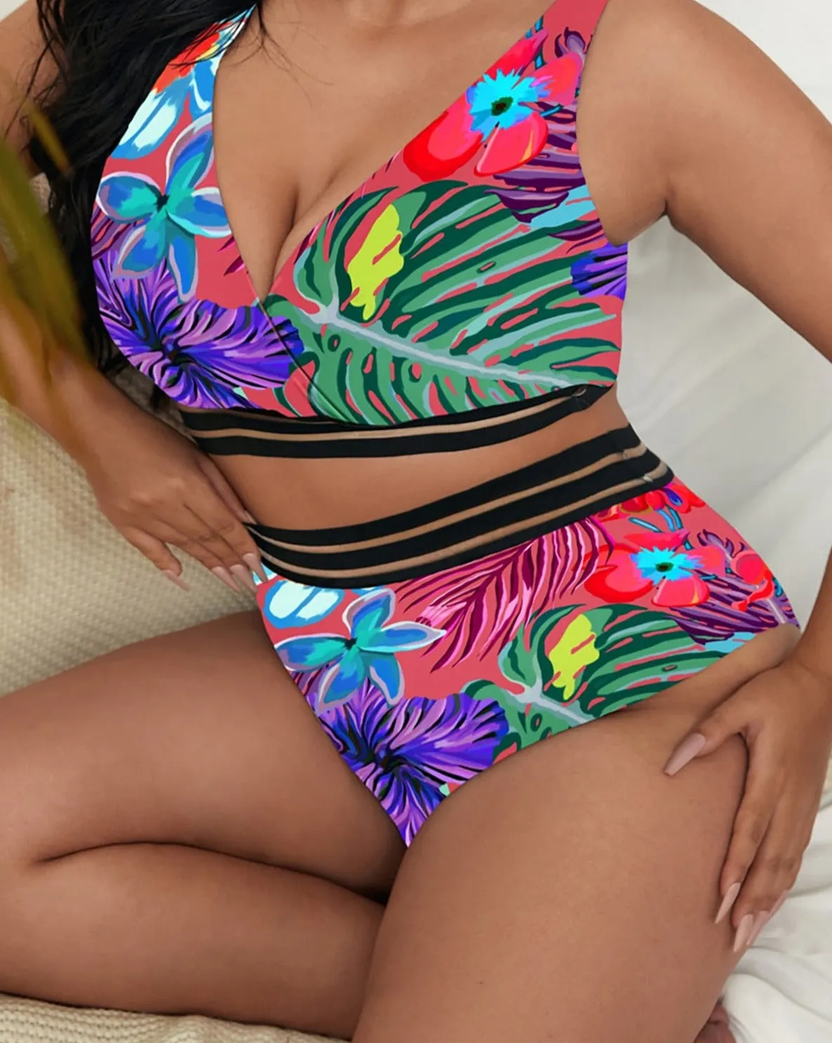 Sexy Floral Bikini Large Size Swimwear Plus Size Women Swimsuit Female Two-piece Bikini set Bather Bathing Suit V3893R