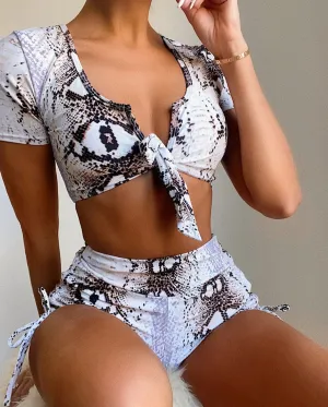 Short Sleeve Snake Skin Women Swimwear High Waist Bikini Female Swimsuit Two-pieces Bikini set Bather Bathing Suit Swim V2609S