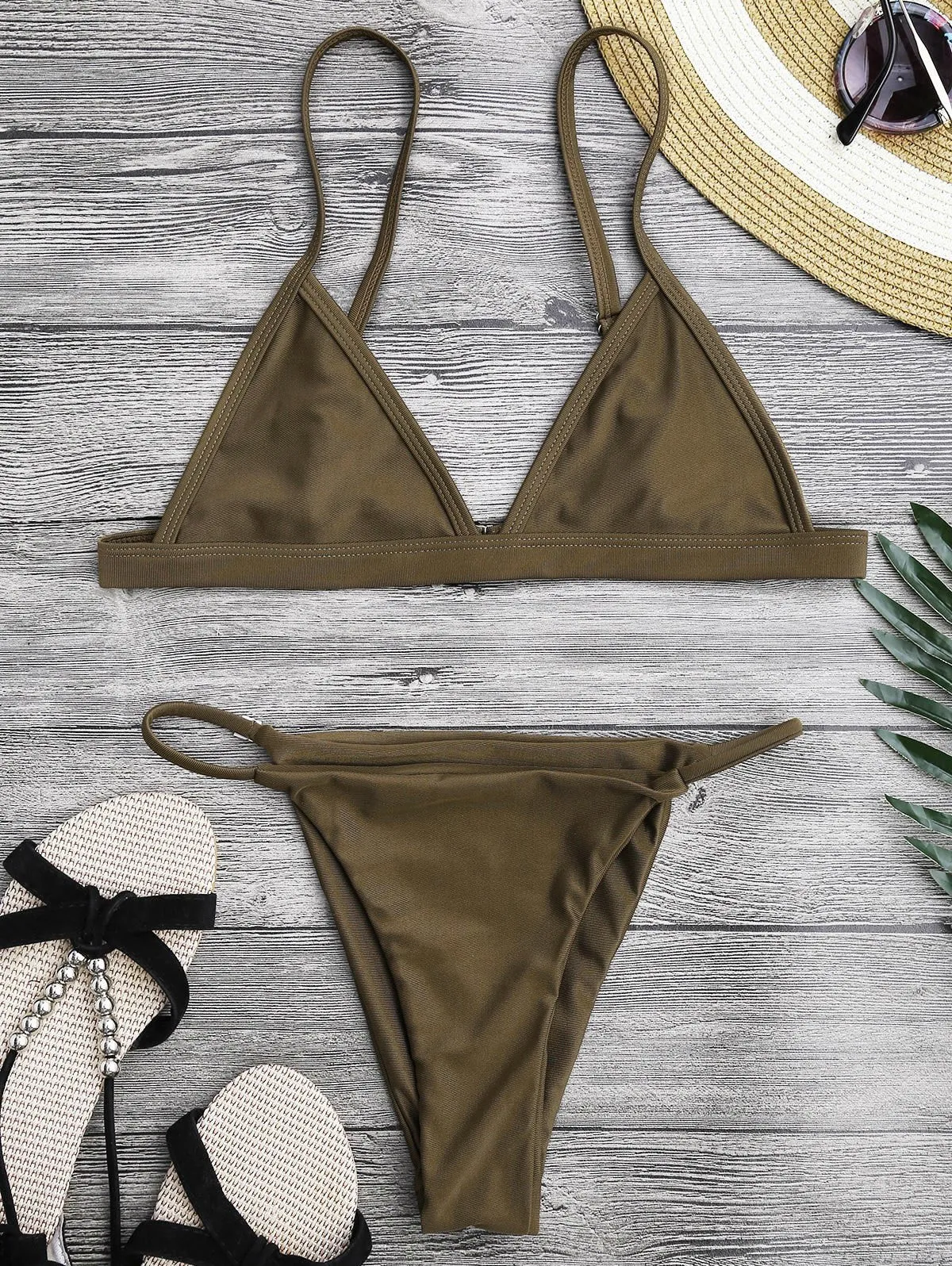 Spaghetti Straps Plunge String Bikini Set