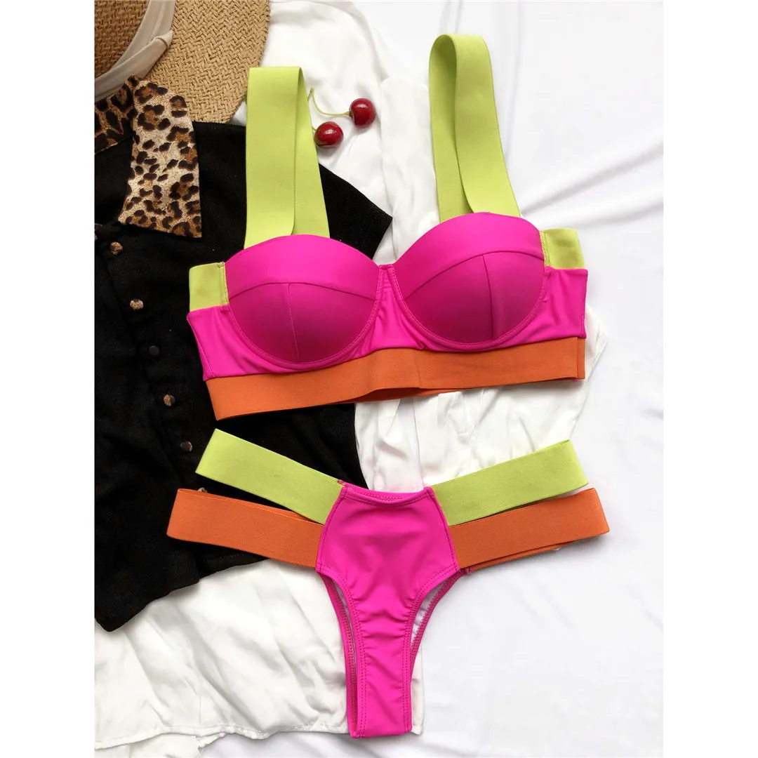 Splicing Push Up Bikini Female Swimwear Women Swimsuit Two-piece Bikini set With Bra Cup Strappy Bather Bathing Suit Swim V2707E