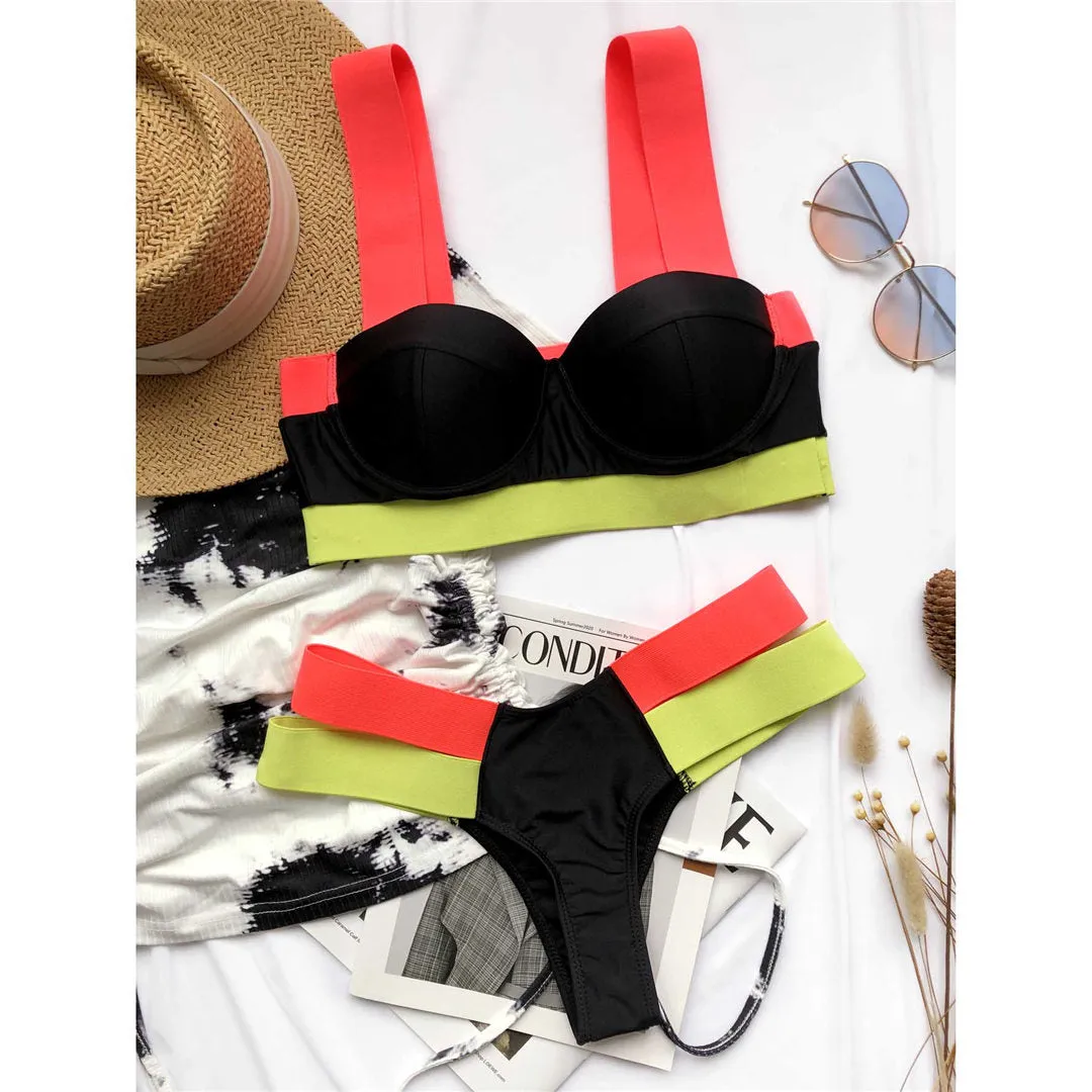 Splicing Push Up Bikini Female Swimwear Women Swimsuit Two-piece Bikini set With Bra Cup Strappy Bather Bathing Suit Swim V2707E