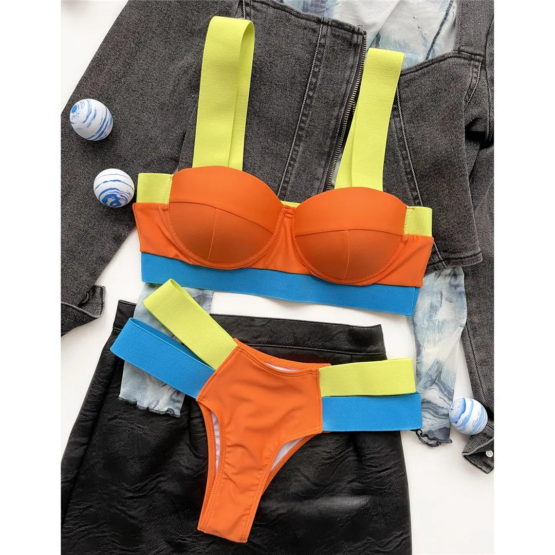 Splicing Push Up Bikini Female Swimwear Women Swimsuit Two-piece Bikini set With Bra Cup Strappy Bather Bathing Suit Swim V2707E