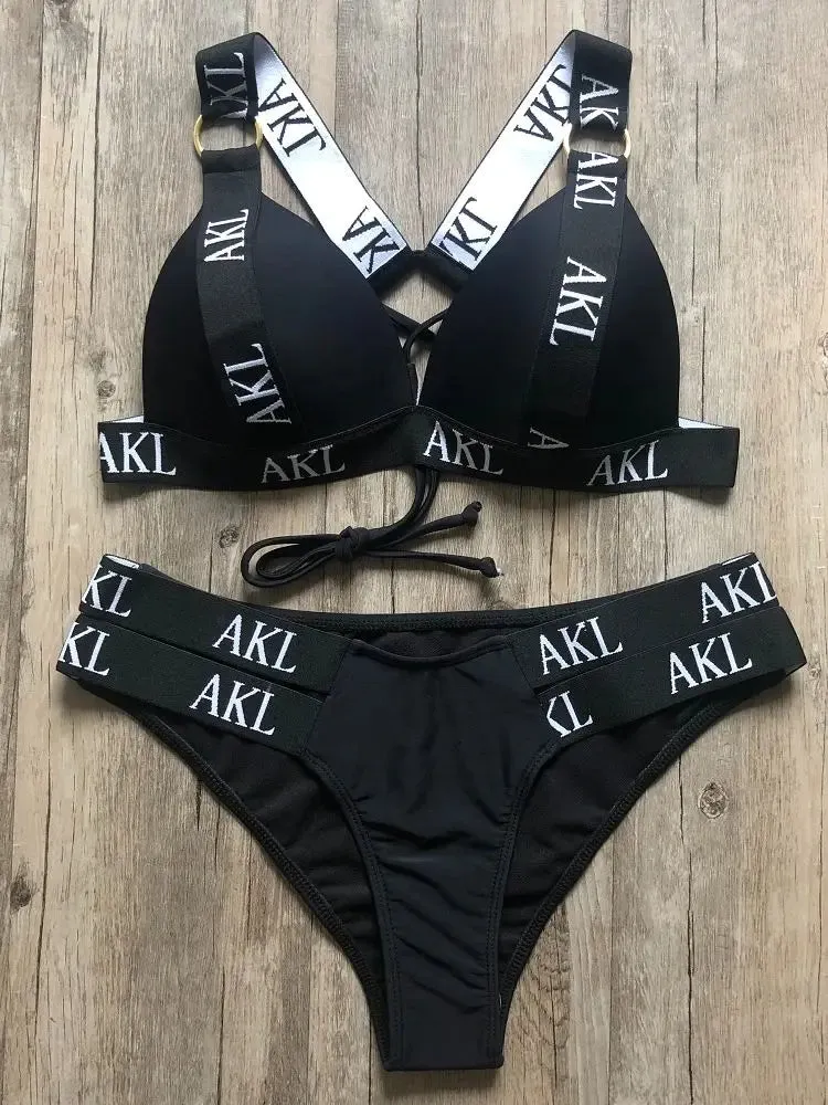 Swimming Suit Push Up Bikini Lace Up Swimsuit Letter Mini Bikini Set