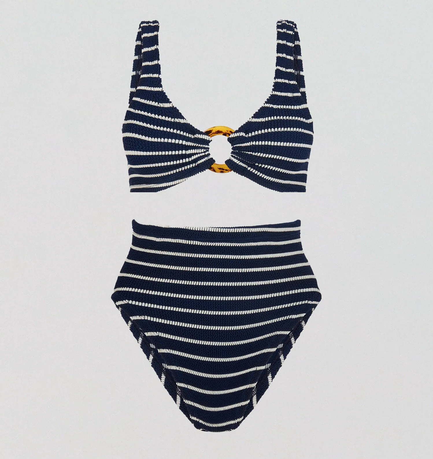 Tortoiseshell ring detail high waist bikini set [Navy / White Stripe]