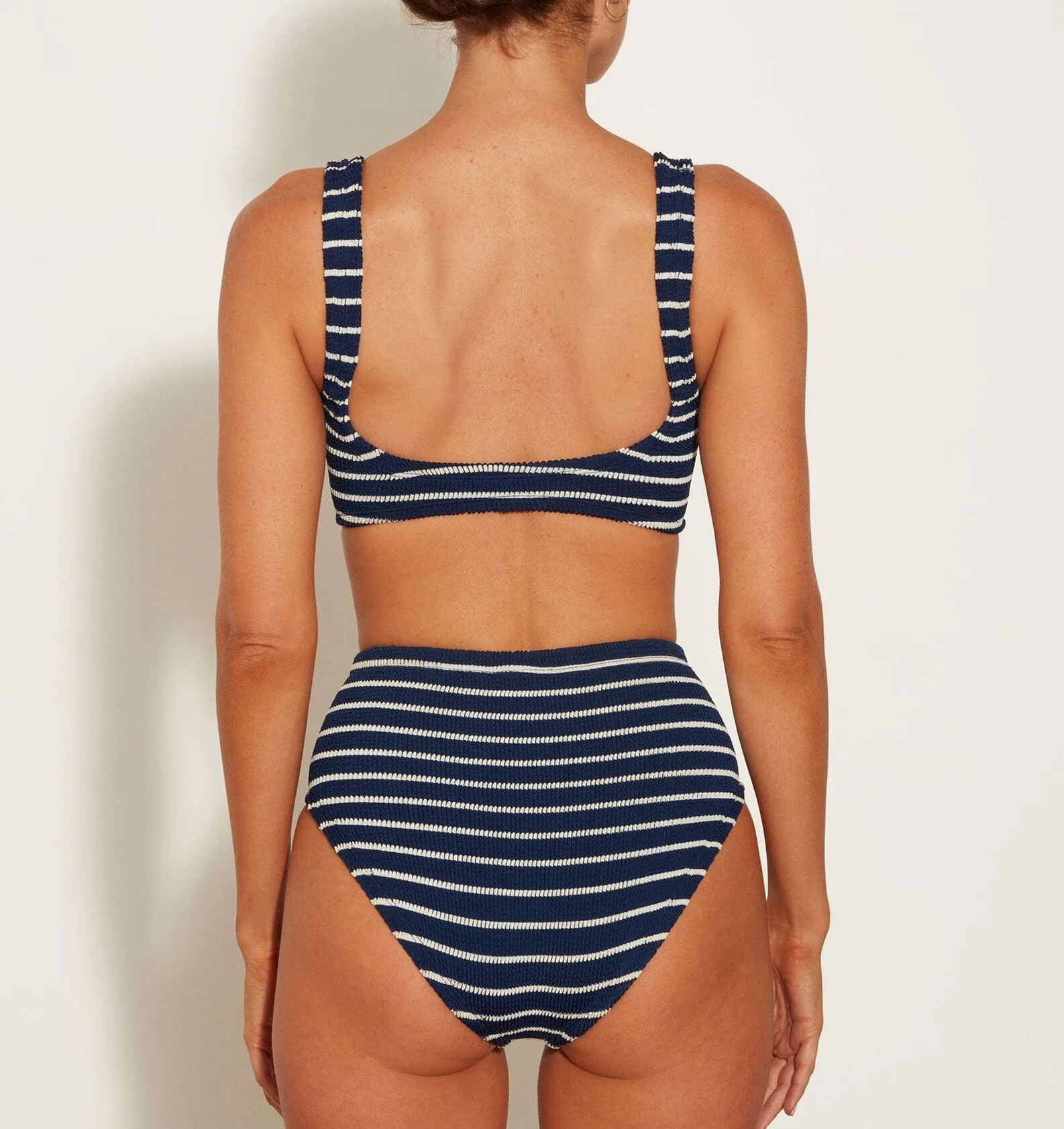 Tortoiseshell ring detail high waist bikini set [Navy / White Stripe]