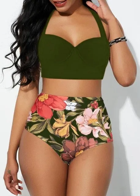 Trendy Floral High Waist Bikini Set With Push Up Crop Top Bra