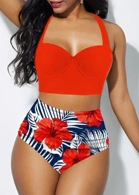 Trendy Floral High Waist Bikini Set With Push Up Crop Top Bra