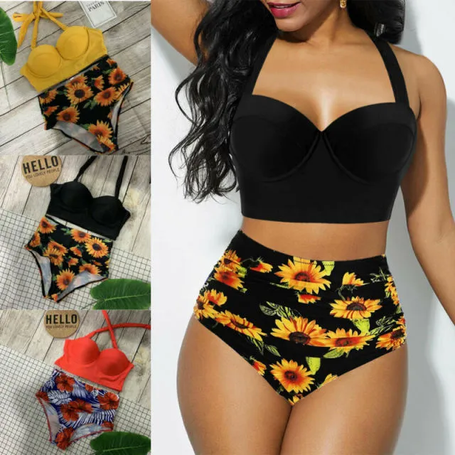 Trendy Floral High Waist Bikini Set With Push Up Crop Top Bra