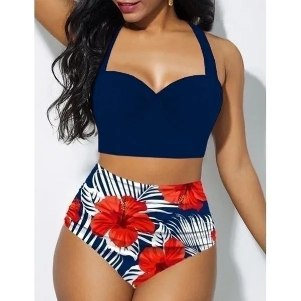 Trendy Floral High Waist Bikini Set With Push Up Crop Top Bra