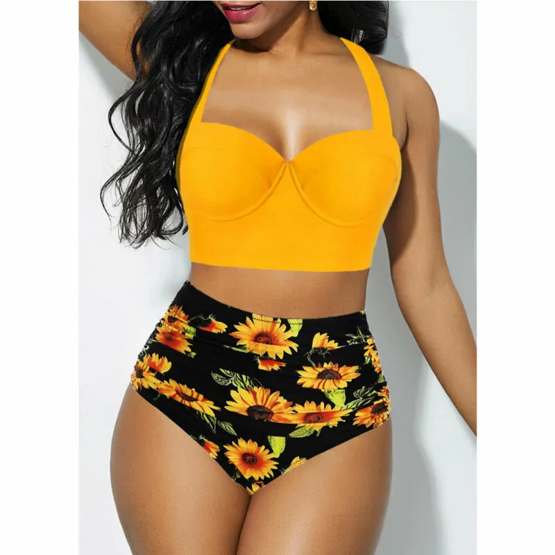 Trendy Floral High Waist Bikini Set With Push Up Crop Top Bra