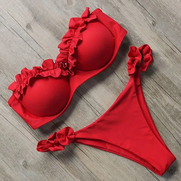 Trendy Sexy Push Up Bra with Ruffle Thong Bikini Set