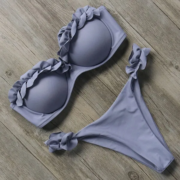 Trendy Sexy Push Up Bra with Ruffle Thong Bikini Set