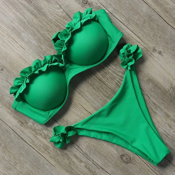 Trendy Sexy Push Up Bra with Ruffle Thong Bikini Set