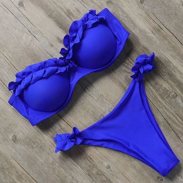 Trendy Sexy Push Up Bra with Ruffle Thong Bikini Set