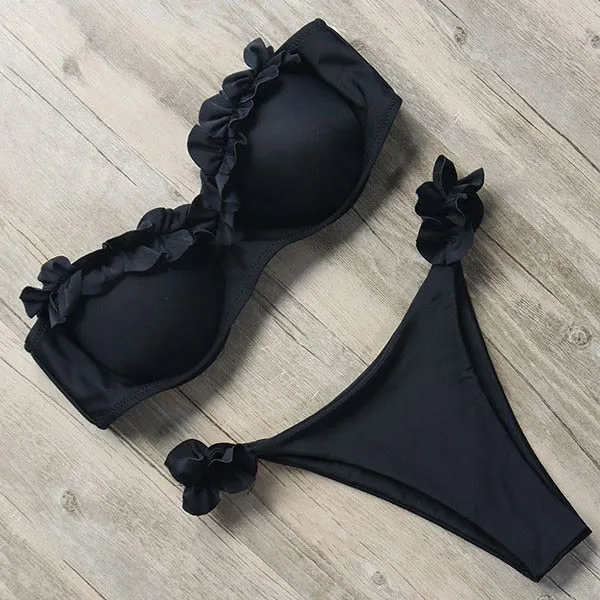 Trendy Sexy Push Up Bra with Ruffle Thong Bikini Set