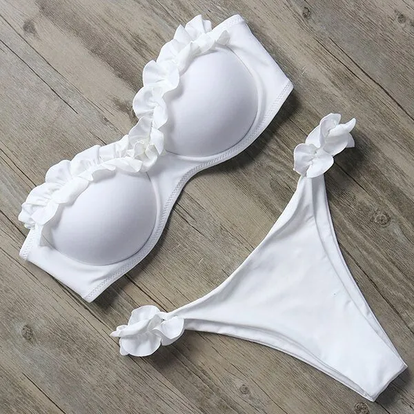 Trendy Sexy Push Up Bra with Ruffle Thong Bikini Set