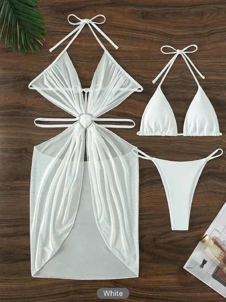 Trendy Three Piece Halter String Bikini Swimsuit