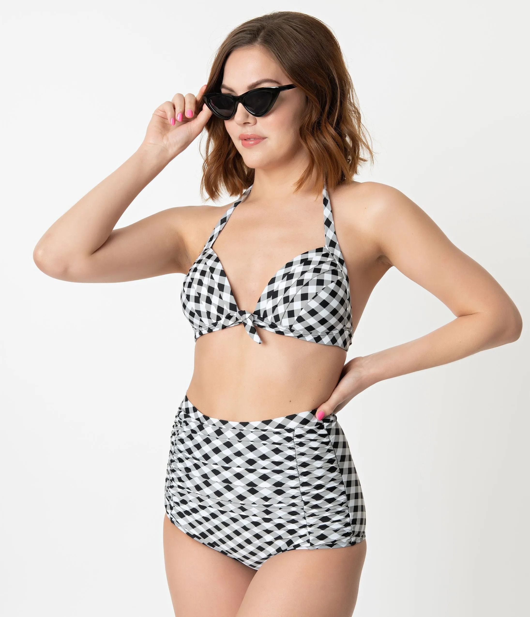 Unique Vintage Black & White Gingham Monroe Halter Swim Top