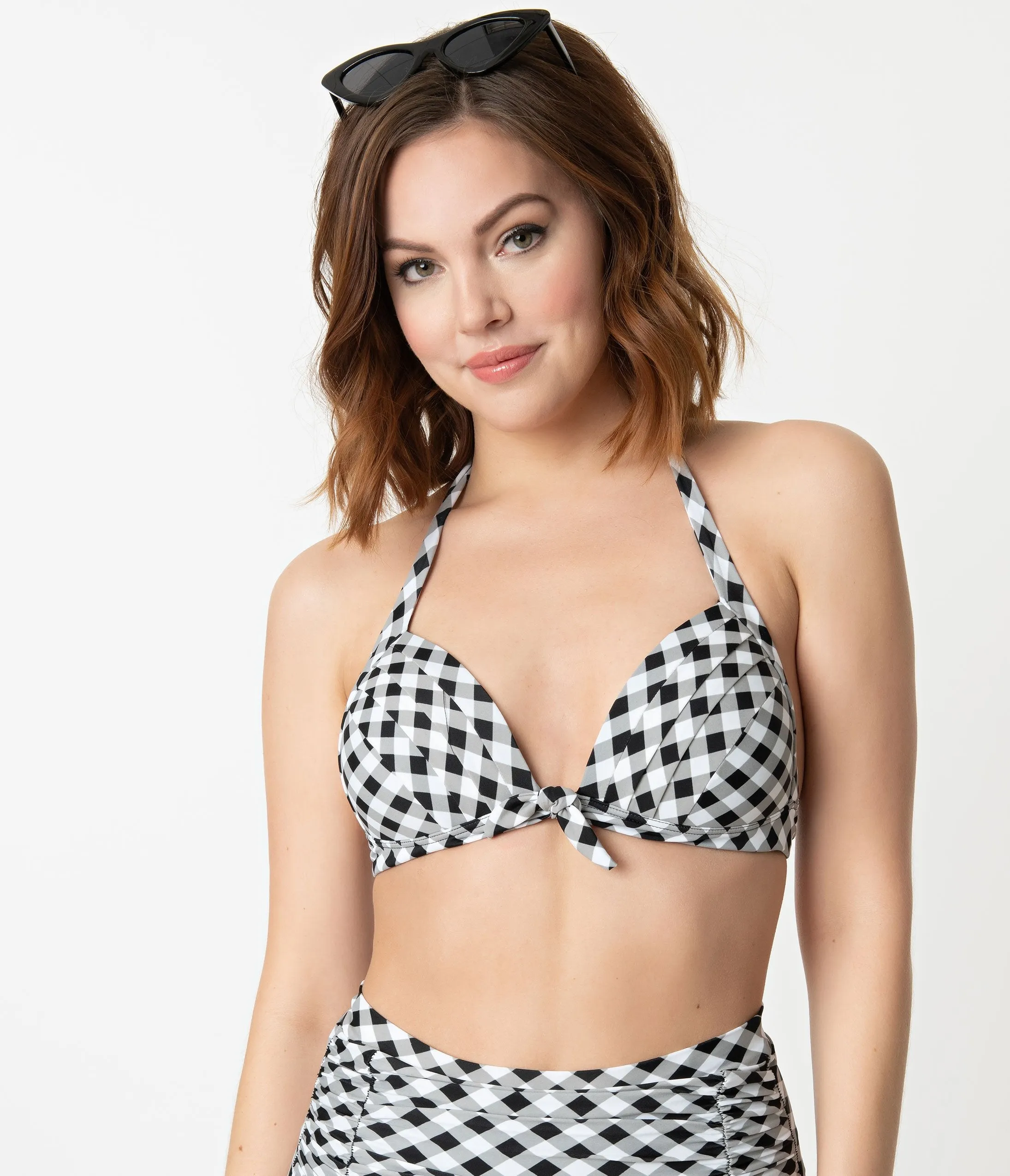 Unique Vintage Black & White Gingham Monroe Halter Swim Top