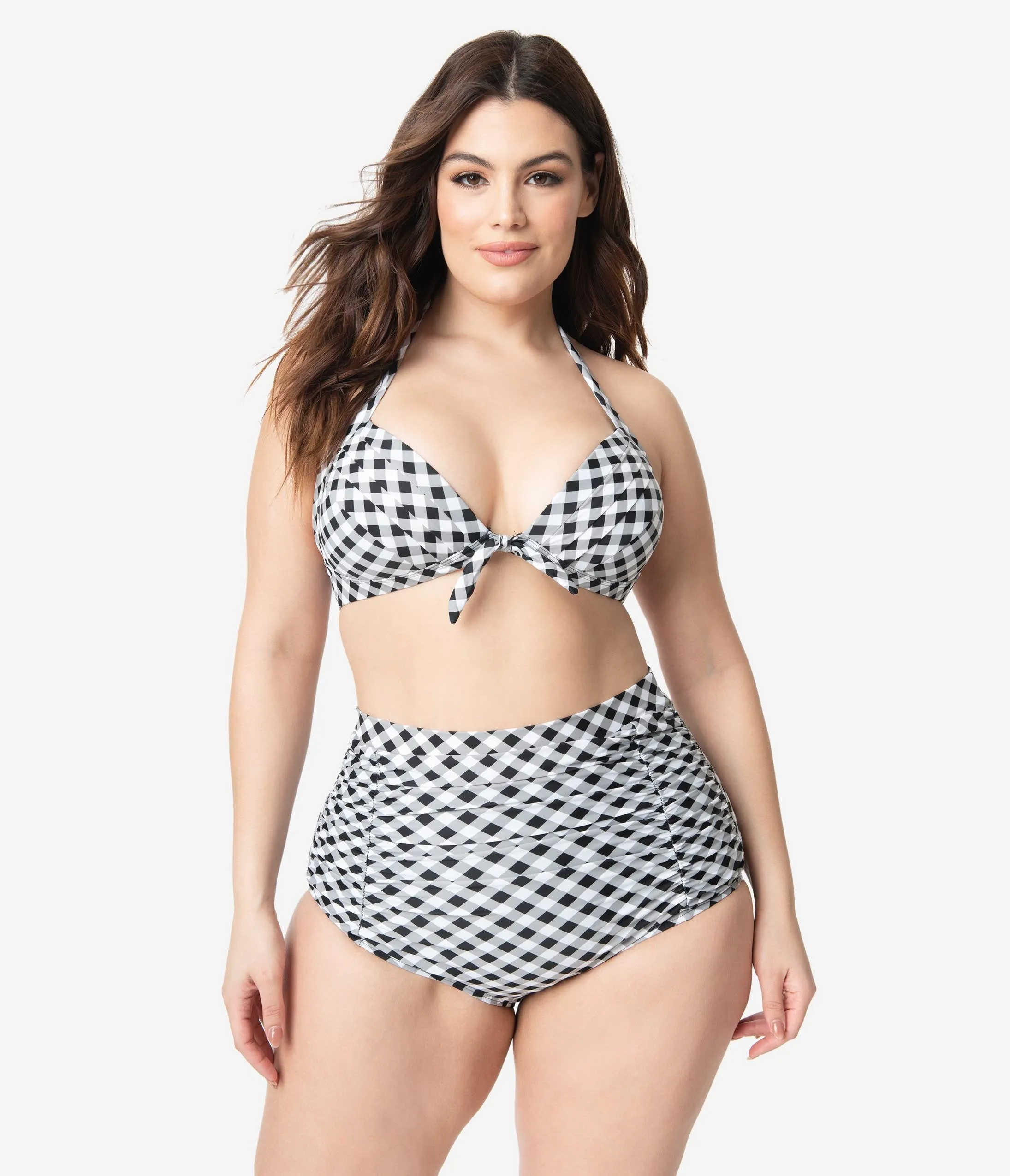 Unique Vintage Plus Size Black & White Gingham Monroe Halter Swim Top