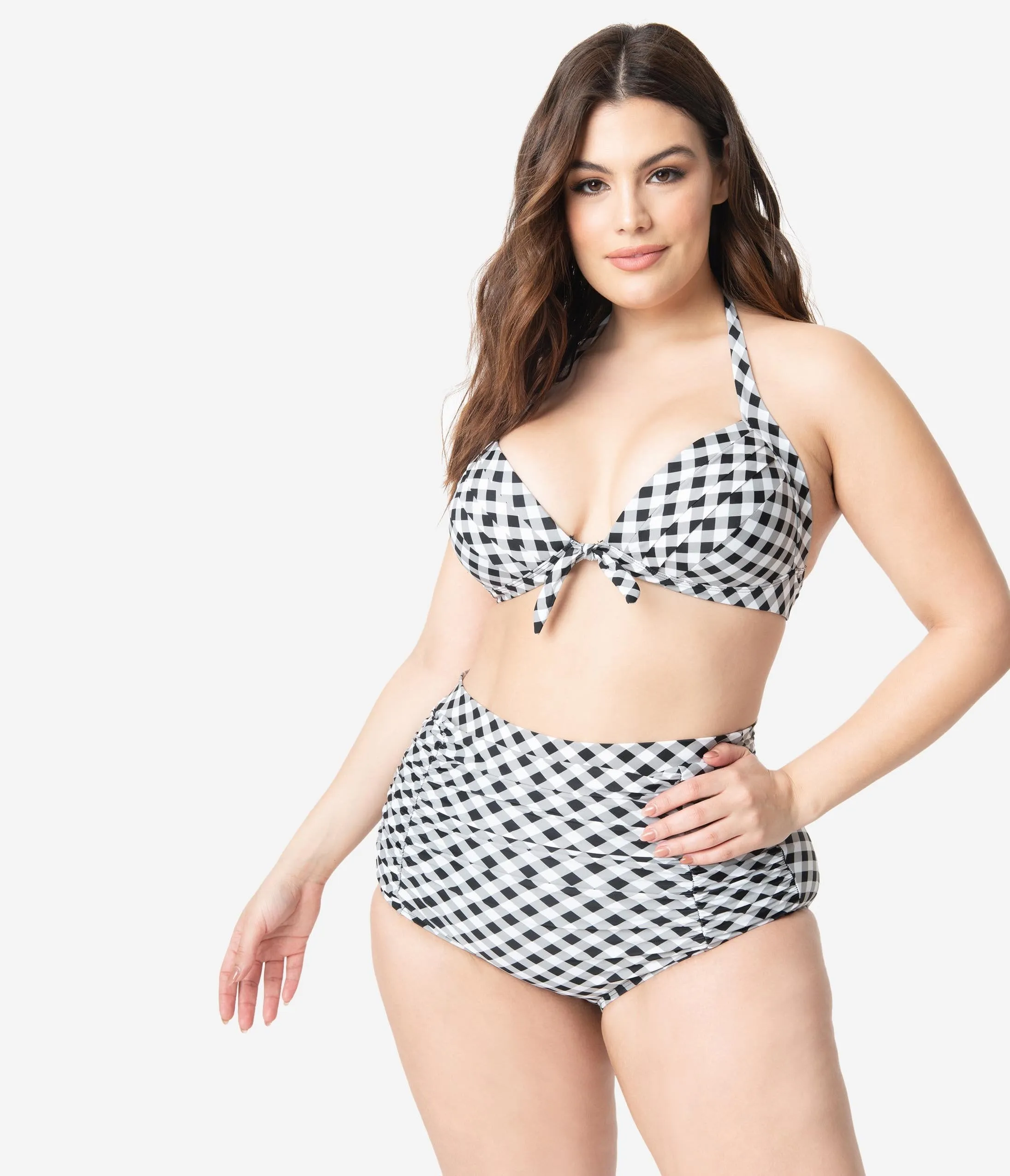 Unique Vintage Plus Size Black & White Gingham Monroe Halter Swim Top