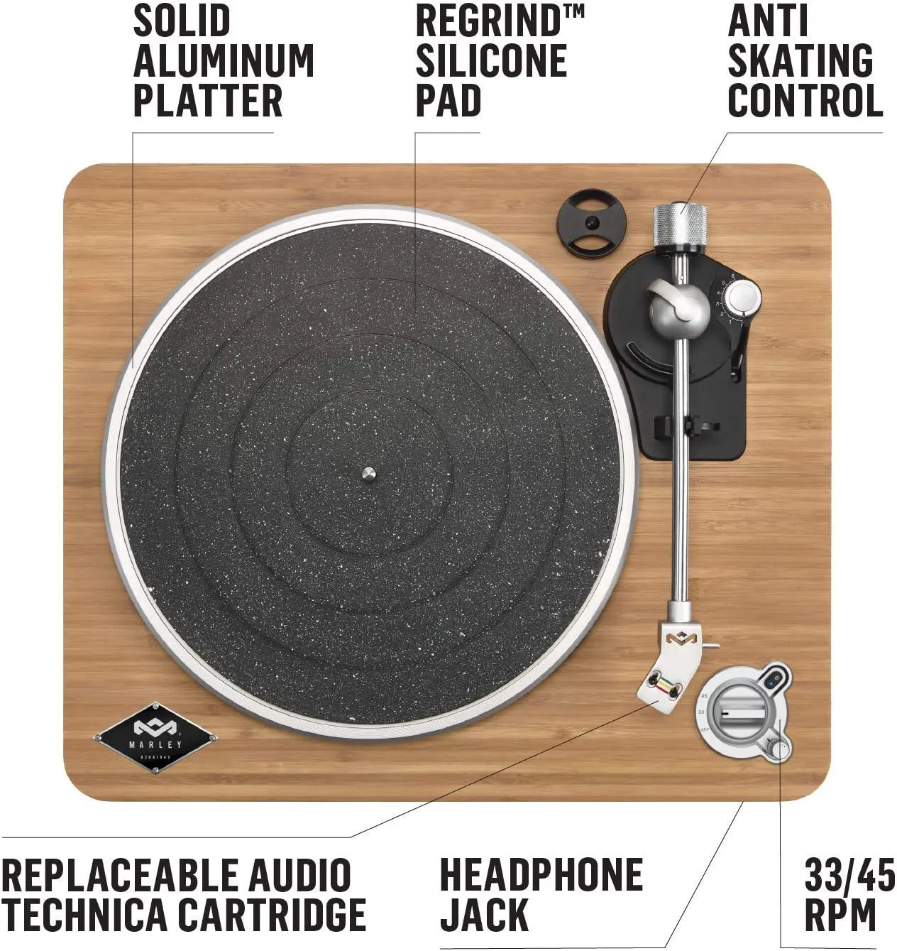 Wireless Turntable - Sustainable Materials, Vinyl Record Player with Wireless Bluetooth Connectivity, 2 Speed Belt, Built-in Pre-Amp