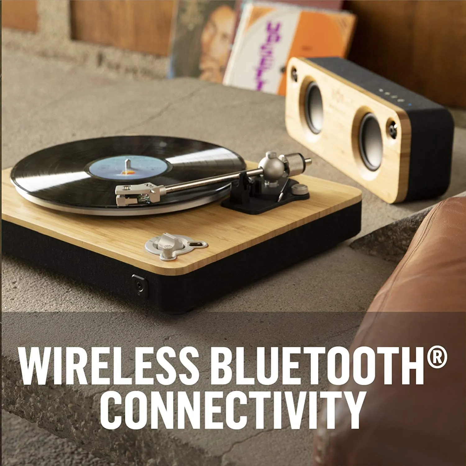 Wireless Turntable - Sustainable Materials, Vinyl Record Player with Wireless Bluetooth Connectivity, 2 Speed Belt, Built-in Pre-Amp