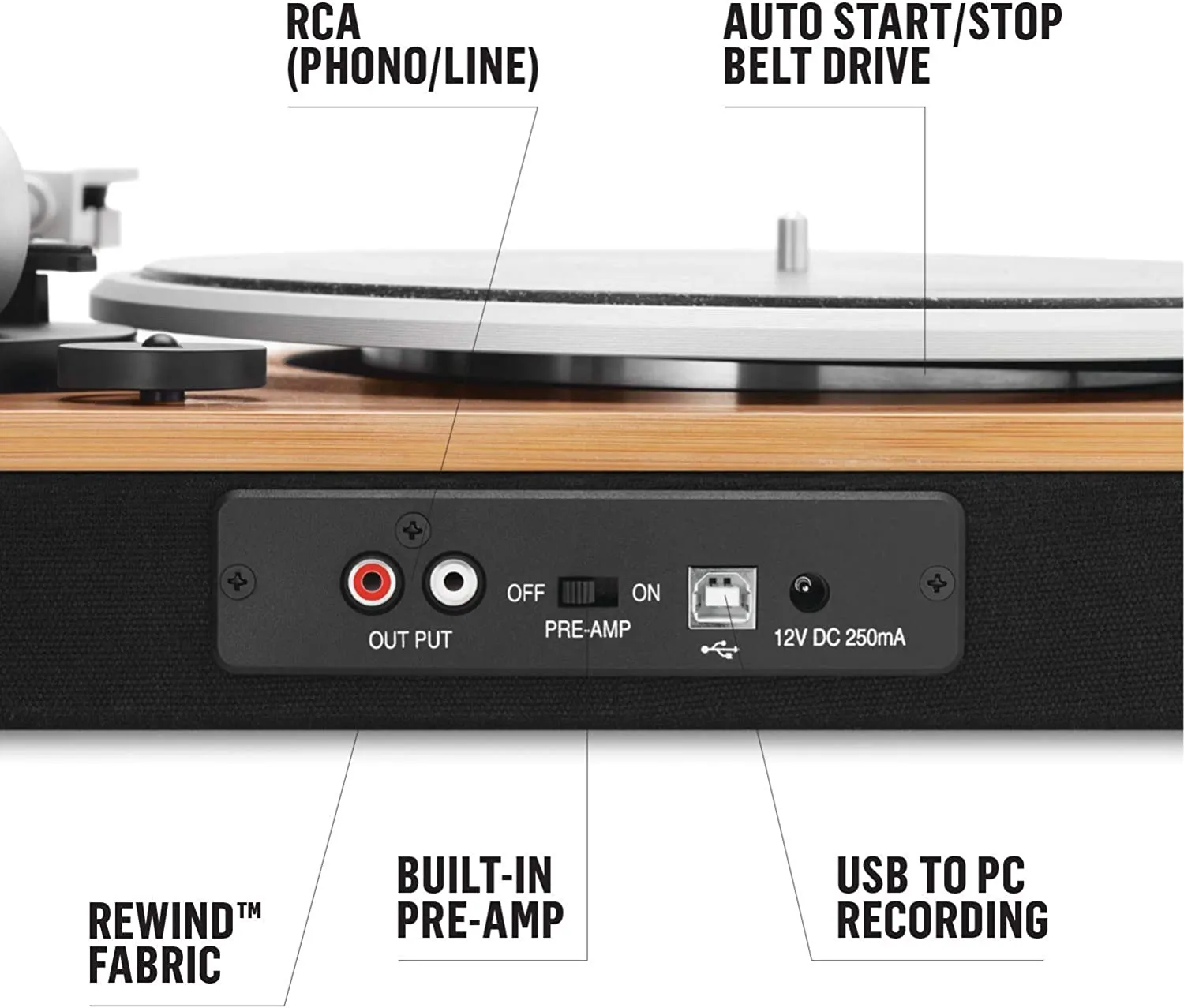 Wireless Turntable - Sustainable Materials, Vinyl Record Player with Wireless Bluetooth Connectivity, 2 Speed Belt, Built-in Pre-Amp