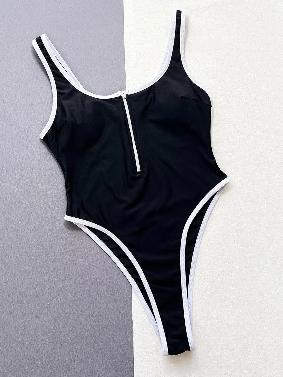 Women's Black Beachwear - Zipper One-Piece Swimsuit